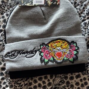 Ed Hardy Gray Beanie with Multicolor Tiger Patch